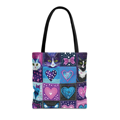 Cats and Hearts Pattern 102 - Blues and Purples - Tote Bag