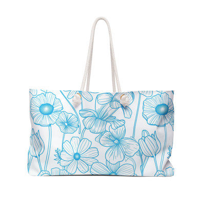 Minimalist Blue Outlined Floral Pattern - White Bag - Weekender Bag - Tote