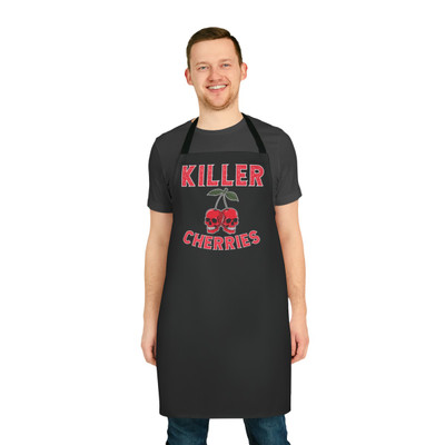 Killer Cherries - Cherry Skulls - Red and Green on Black - Apron - Choice of 5 Strap Colors.