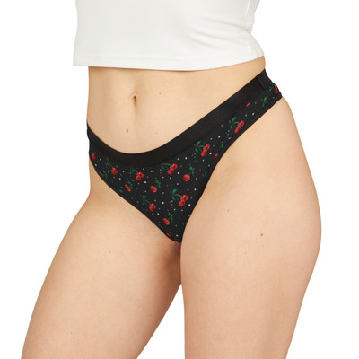 Cherries and Dots Pattern - Red on Black - Women's Thongs - Panties