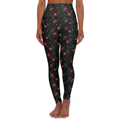 Cherries and Dots Pattern - Red on Black - High Waisted Yoga Leggings - Pants