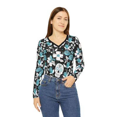 Sugar Skull - Roses Pattern - Aqua and White on Black - Women's Long Sleeve V-neck Shirt - Tee
