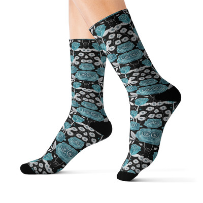 Sugar Skull - Roses Pattern - Aqua and White on Black - Footwear - Sublimation Socks