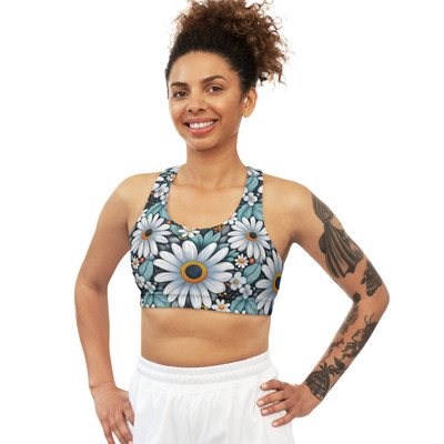 Aqua Daisies Pattern - Aqua Gold and White on Black - Seamless Sports Bra