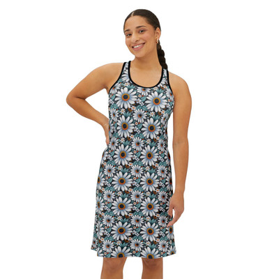 Aqua Daisies Pattern - Aqua and White on Black - Women's Racerback Dress