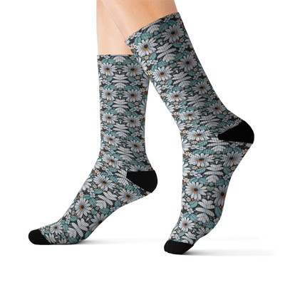 Aqua Daisies Pattern - Aqua and White on Black - Footwear - Sublimation Socks