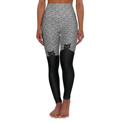 Speckled Pattern - Black Cat Peeping - High Waisted Yoga Leggings - Pants