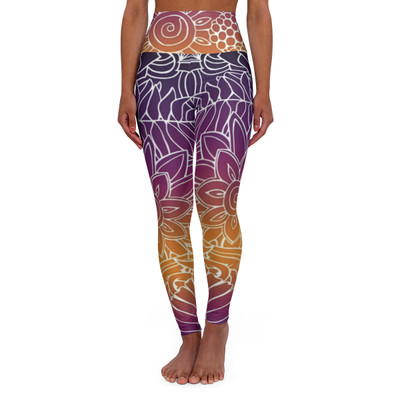 Floral Outlines Over Gradient - Purple to Orange Gradient - High Waisted Yoga Leggings - Pants