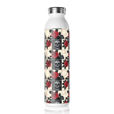 Tiled Skulls and Red Roses - Black Red White - Slim Water Bottle
