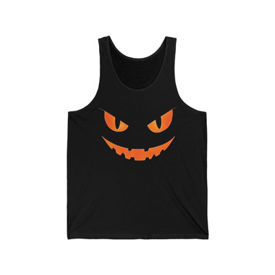 Scary Halloween Costume Jack-O-Lantern - Orange Glowing Eyes Mouth - Black Tank Top - Unisex Jersey Tank