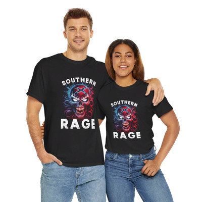 Confederate Flag - Southern Rage - Angry Skull - Rebel - T-Shirt - Unisex Heavy Cotton Tee