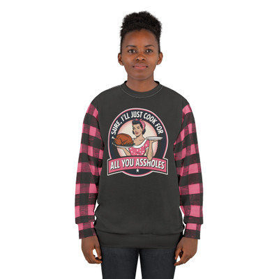Black and Pink Buffalo Check on Sleeves - Sure I'll Cook For You Assholes - Thanksgiving - Unisex Sweatshirt