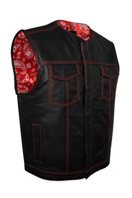 Leather Vest - Men's - Motorcycle Club - Red Paisley Lining - Up To 64 - MV78024-RT-RPL-88-DL