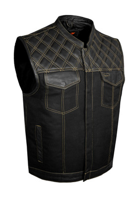 Leather and Denim Vest - Men's - Motorcycle Club - Gold Thread - Up To 64 - MV78024-DP-GT-BD-DL