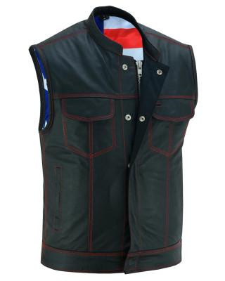 Leather Motorcycle Vest - Men's - USA Flag Liner - Up To 8XL - American Pride - RC165-RC