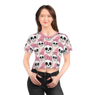 Pink Skulls Crop Tee with Coquette Bows Pattern - Women's Cropped T-Shirt
