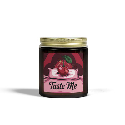 Scented Candle - Bitten Cherry on Pillow - Taste Me - Amber or Clear Jar - Perfect Gift for Bikers & Home Decor