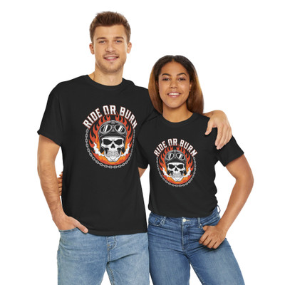 Motorcycle T-Shirt - Ride or Burn - Skull Helmet Goggles - Color Choice - Unisex Tee