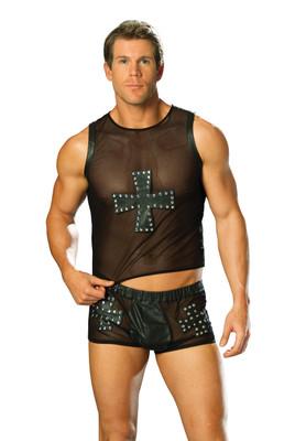 Leather and Mesh Shorts with Nailheads - Men's - 50 Shades of Grey Style - Bondage - L9285-EML