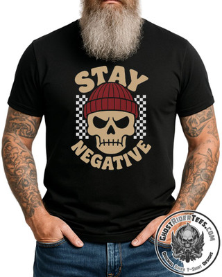 Motorcycle T-Shirt - Stay Negative - Skull Wearing Beanie - Checkerboard - Unisex Tee