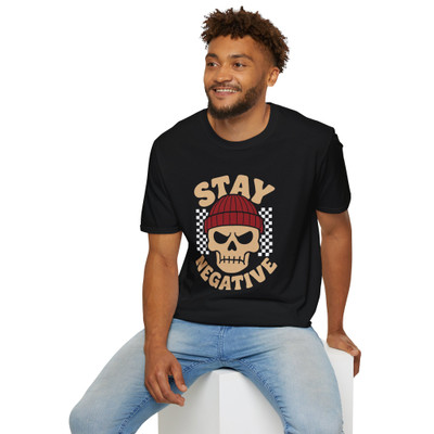 Stay Negative - Biker Tee - Angry Skull Wearing a Beanie - Unisex Softstyle T-Shirt