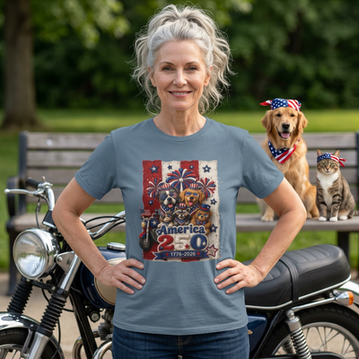 T-Shirt - America 250 - 1776-2026 - Patchwork Animal Parade - Biker Ride Tee