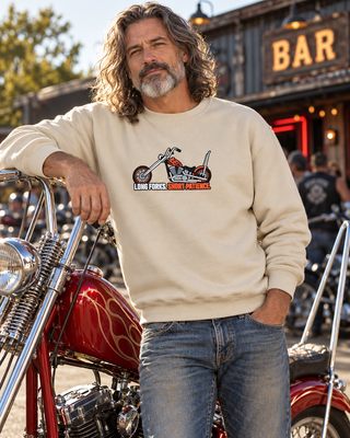 'Long Forks - Short Patience' - Motorcycle Rider Embroidered Crewneck Sweatshirt