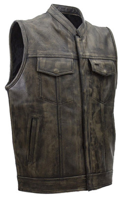 Leather Motorcycle Vest - Men's - Distressed Brown - Club - MV320-ZIP-12-DL