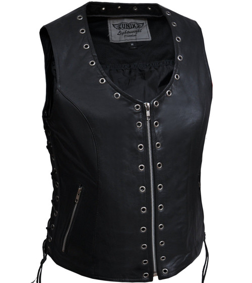 Leather Vest - Women's - Zippered - Lightweight - Eyelets Design -2682-NG-UN