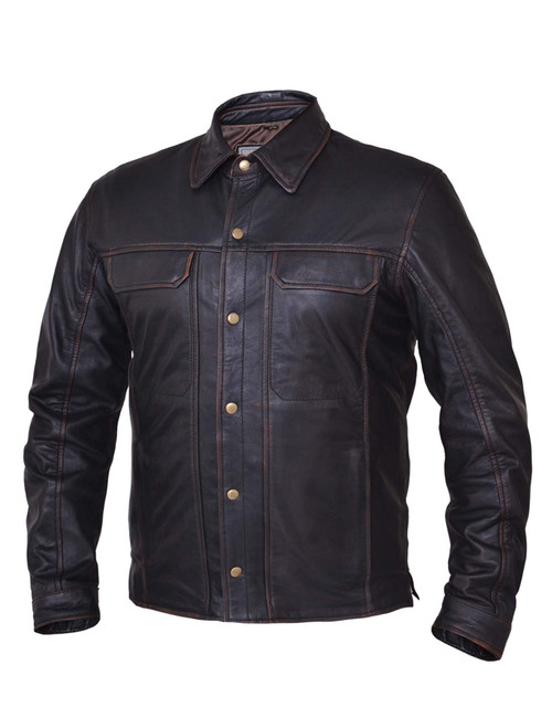 Men's Leather Shirt Jacket - Rub Off Brown - 867-RUB-UN.