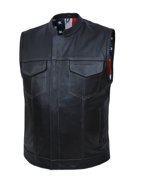 Leather Motorcycle Vest - Men's - Up To 8XL - USA Flag Liner - 6665-USA-UN