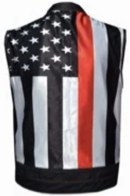 Leather Motorcycle Vest - Men's - Up To 5XL - USA Flag Liner - Red Line - 6669-00-UN