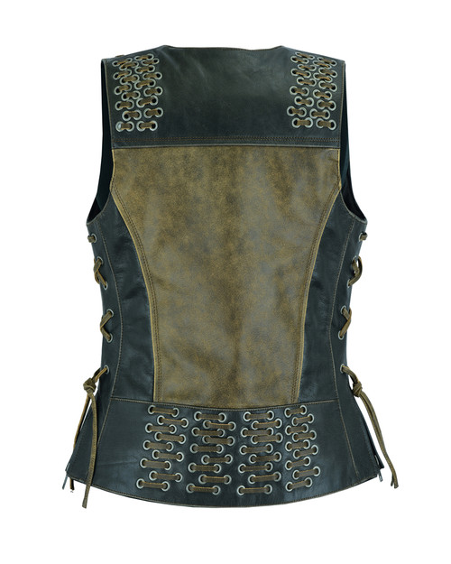 Women's Two Tone Leather Vest With Grommet and Lacing Accents - DS298-DS