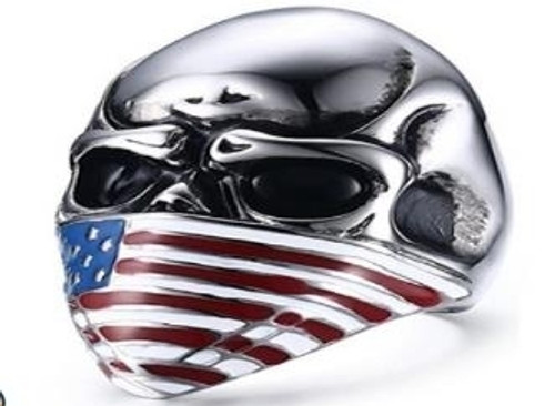USA Flag Face Skull Biker Ring - Stainless Steel - Biker Jewelry - Biker Ring - R165-DS