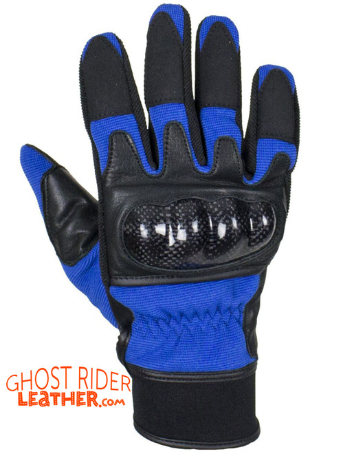 Leather Gloves - Men's - Full Finger - Knuckle Protector - Blue - GLZ108-BLUE-DL