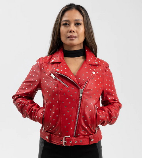 Red Leather Motorcycle Jacket - Women's - Handcrafted Studs - Claudia - WBL1723-RED-FM