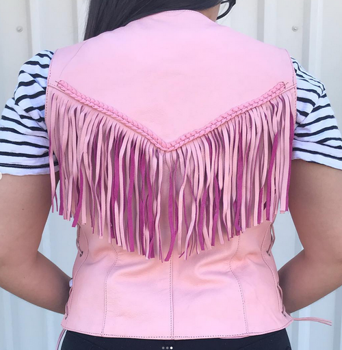 Leather Motorcycle Vest - Women's - Pink - Fringe - AL2322-AL