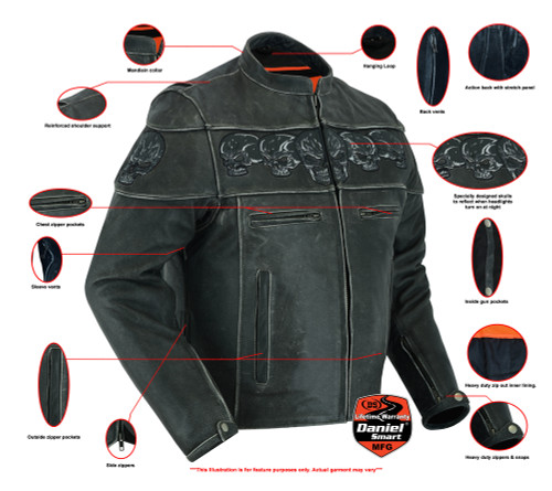 Leather Motorcycle Jacket - Men's - Reflective Skulls - Racer - DS723-DS