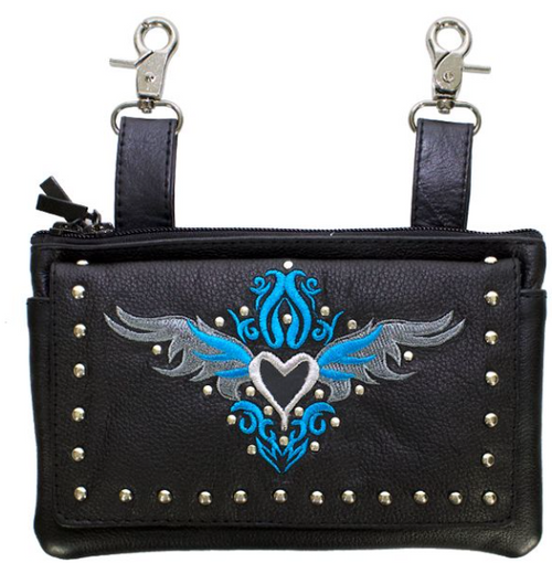 Leather Belt Bag - Teal Blue - Heart Wings Design - Handbag - BAG35-EBL1-TEAL-DL