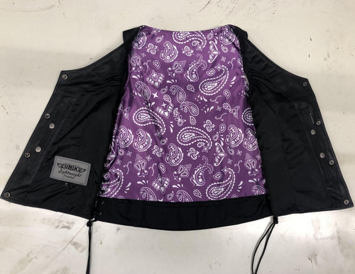 Leather Motorcycle Vest - Women's - Purple Paisley Lining - Side Laces - 6890-17-UN