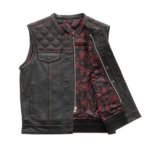 Leather Motorcycle Vest - Men's - Downside - Black with Red Stitching - Up To 5X - FIM693-QLT-RD-FM