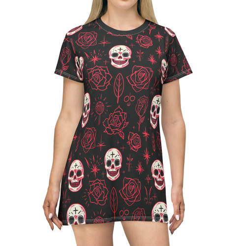 Skulls and Roses - Pink White on Black - T-Shirt Dress (AOP)