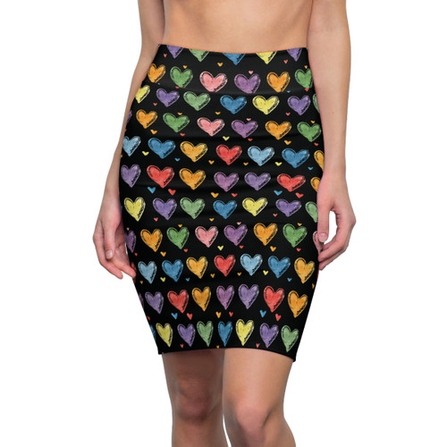 Doodle Hearts - Rainbow Colors on Black - Women's Pencil Skirt (AOP)