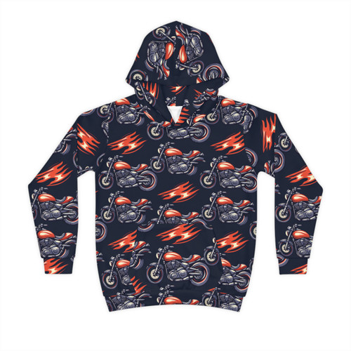 Motorcycle and Flames - Red White on Black - Children's Hoodie (AOP)