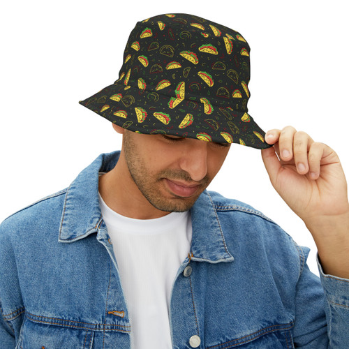 Tacos Pattern - Perfect for Taco Tuesdays - Red Yellow Green on Black - Biker Bucket Hat