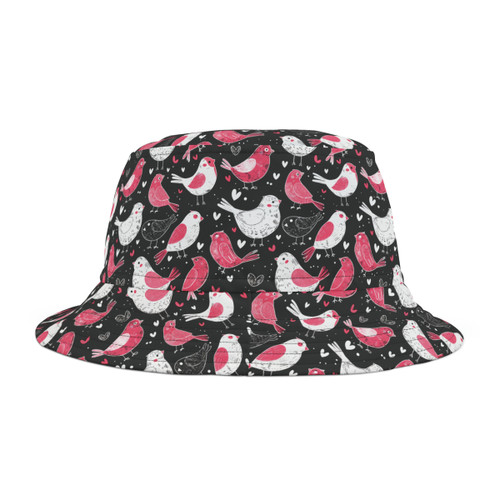 Love Birds Pattern - Hearts - Pink and White on Black - Biker Bucket Hat