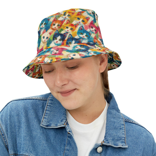 Colorful Oil Painting Kittens Pattern - Multi Colors on White - Biker Bucket Hat