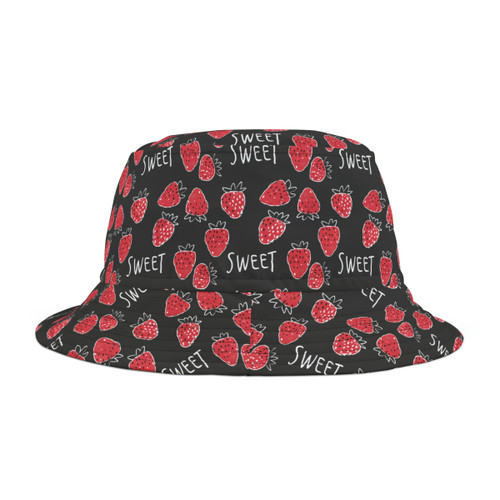 Sweet Strawberries Pattern - Text Sweet - Red on Black - Biker Bucket Hat