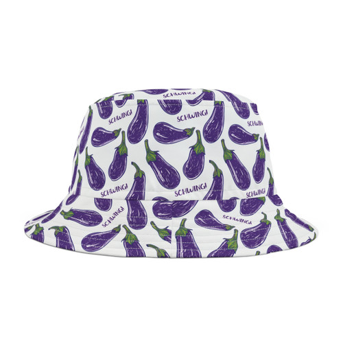 Doodle Eggplant Emoji - Text Schwing - Purple Green on White - Biker Bucket Hat