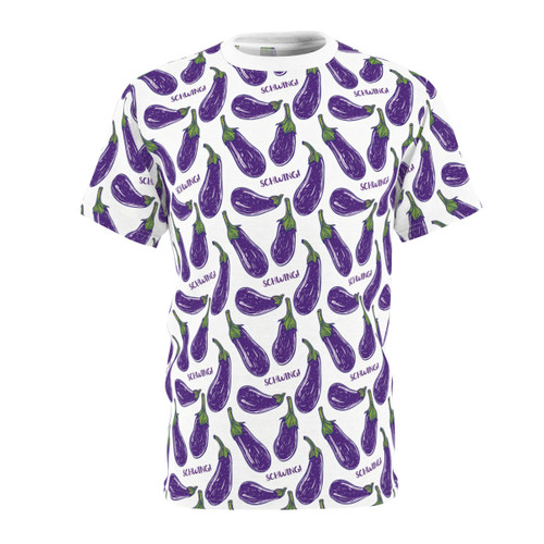 Doodle Eggplant Emoji - Text Schwing - Purple Green on White - Unisex Tee - T-Shirt